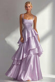 Blush A-Line Spaghetti Straps Long Prom Dress with Ruffles