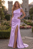 Burgundy One Shoulder Ruched Long Mermaid Prom Dress with Slit