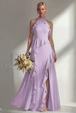 A Line Burgundy Halter Neck Chiffon Long Bridesmaid Dress with Ruffles