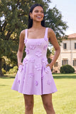 A-Line Blue Square Neck Homecoming Dress with 3D Flowers