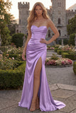 Burgundy Mermaid Strapless Long Satin Prom Dress with Slit