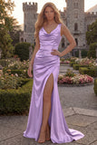 Burgundy Cowl Neck Mermaid Satin Long Prom Dress with Slit