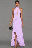 Black Sheath Halter Neck Ruffled Cut Out Long Formal Dress with Slit