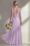 Chiffon Burgundy A Line Bateau Neck Long Bridesmaid Dress with Ruffles