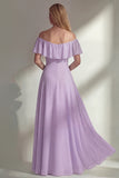 Burgundy A Line Off the Shoulder Long Bridesmaid Dress with Ruffles