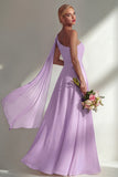 Burgundy A Line One Shoulder Chiffon Long Bridesmaid Dress with Slit
