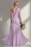Butter Yellow A Line One Shoulder Chiffon Long Bridesmaid Dress with Ruffles