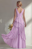 A Line Chiffon Burgundy V-Neck Long Bridesmaid Dress with Ruffles