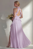 A Line Burgundy Halter Neck Chiffon Long Bridesmaid Dress with Ruffles