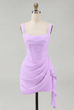 Tulle Ivory Corset Square Neck Ruched Bodycon Mini Graduation Dress with Ruffles