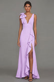 Dark Green Sheath V-Neck Ruffled Ruched Long Formal Dress with Slit
