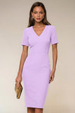 Black Bodycon V-Neck Midi Work Dress with Short Sleeves