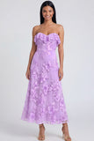 Strapless Light Blue Floral Embroidery A Line Maxi Dress with Ruffles