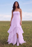 Strapless Ivory A Line Ruffled Boho Wedding Dress with Slit