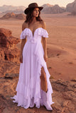 Ivory Off the Shoulder A Line Maxi Beach Wedding Dress with Ruffles