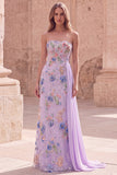 Strapless Pink Mermaid Beaded Floral Long Prom Dress with Sash