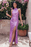 Sparkly Gold Bodycon Halter Neck Maxi Sequin Dress with Slit