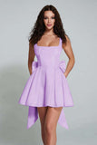 Ivory A Line Square Neck Backless Short Homecoming Dress with Back Giant Bow
