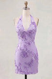 Light Blue Halter Neck Bodycon Floral Homecoming Dress