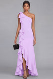 One Shoulder Black Sheath Ruffled Long Formal Dress with Slit