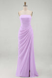 Light Pink Strapless Sheath Ruched Long Prom Dress with Slit