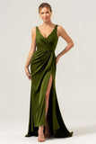 Dark Green Sheath V Neck Ruched High-Low Bridesmaid Dress with Slit