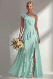 Butter Yellow A Line One Shoulder Chiffon Long Bridesmaid Dress with Ruffles