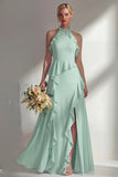 A Line Burgundy Halter Neck Chiffon Long Bridesmaid Dress with Ruffles