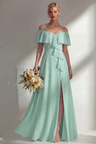 Burgundy A Line Off the Shoulder Long Bridesmaid Dress with Ruffles