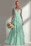 A Line Chiffon Burgundy V-Neck Long Bridesmaid Dress with Ruffles