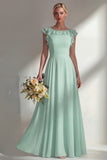Chiffon Burgundy A Line Bateau Neck Long Bridesmaid Dress with Ruffles
