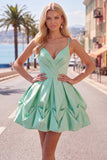 Pink A-Line Spaghetti Straps Ruched Short Homecoming Dress with Lace Up Back