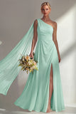 Burgundy A Line One Shoulder Chiffon Long Bridesmaid Dress with Slit