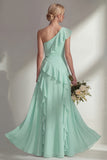 Butter Yellow A Line One Shoulder Chiffon Long Bridesmaid Dress with Ruffles