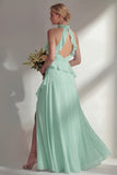 A Line Burgundy Halter Neck Chiffon Long Bridesmaid Dress with Ruffles
