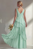 A Line Chiffon Burgundy V-Neck Long Bridesmaid Dress with Ruffles