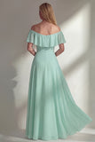 Burgundy A Line Off the Shoulder Long Bridesmaid Dress with Ruffles