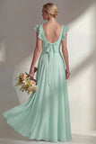 Chiffon Burgundy A Line Bateau Neck Long Bridesmaid Dress with Ruffles