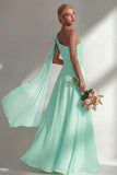 Burgundy A Line One Shoulder Chiffon Long Bridesmaid Dress with Slit