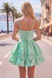 Pink A-Line Spaghetti Straps Ruched Short Homecoming Dress with Lace Up Back
