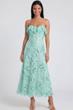 Strapless Light Blue Floral Embroidery A Line Maxi Dress with Ruffles
