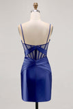 Royal Blue Sheer Corset Pleated Tight Homecoming Dress with Slit