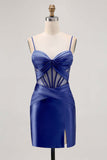 Royal Blue Sheer Corset Pleated Tight Homecoming Dress with Slit
