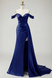 Golden Mermaid Off the Shoulder Beaded Pleated Satin Long Prom Dress with Slit