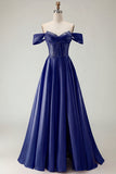 Off The Shoulder A Line Beaded Satin Purple Long Prom Dress with Slit