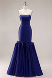 Fuchsia Strapless Satin Mermaid Long Prom Dress with 3D Flowers