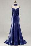 Blue Mermaid Corset Sweetheart Two Piece Long Satin Prom Dress with a Neck Scarf