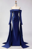 Dark Green Off The Shoulder Ruched Satin Mermaid Long Prom Dress with Long Sleeves