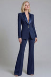 Navy Shawl Lapel 2 Piece Single Breasted Women's Work Suits