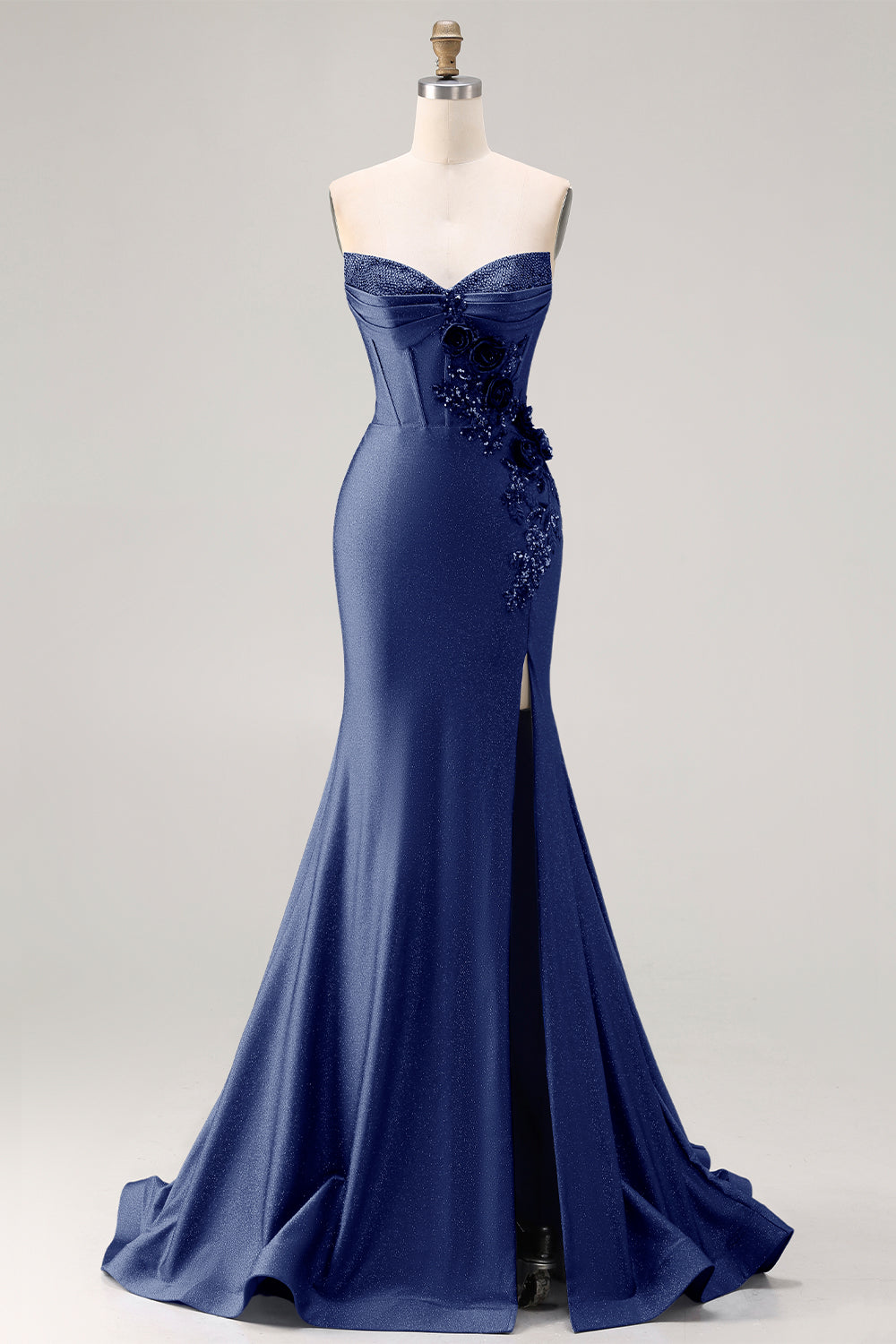 Zapaka Women Glitter Royal Blue Long Prom Dress with Slit Strapless Beaded Mermaid Satin Corset Evening Dress with 3D Flowers, Navy / US26W Zapaka Women Glitter Royal Blue Long Prom Dress with Slit Strapless Beaded Mermaid Satin Corset Evening Dress with 3D Flowers, Navy / US26W